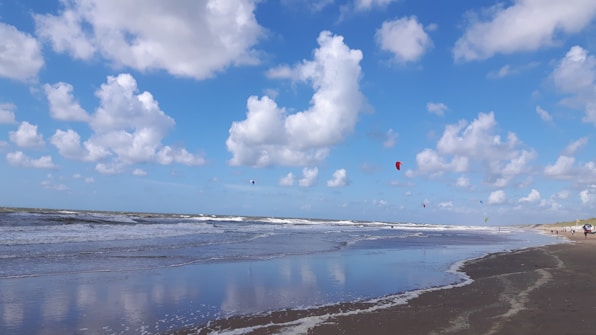A sandy beach with gentle waves lapping at the shore under a bright blue sky filled with fluffy white clouds. Several colorful kites are flying above the ocean, and a few people can be seen walking along the water's edge.