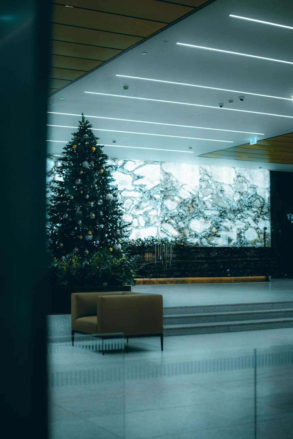 green christmas tree with string lights