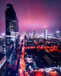 city with high rise buildings during night time