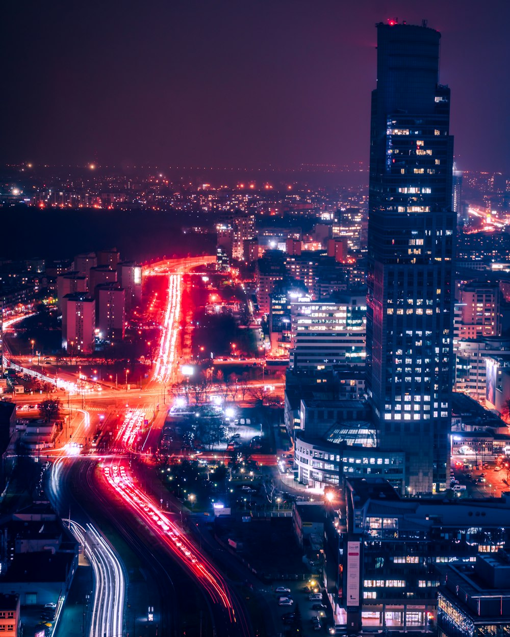 city skyline during night time