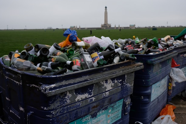 Overfilled recycling bins are filled with various glass bottles, cans, and other waste items placed in a park area with a monument visible in the background. The setting appears overcast, contributing to a somber atmosphere.