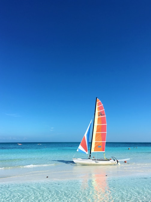 a sailboat on a beach with people in the water