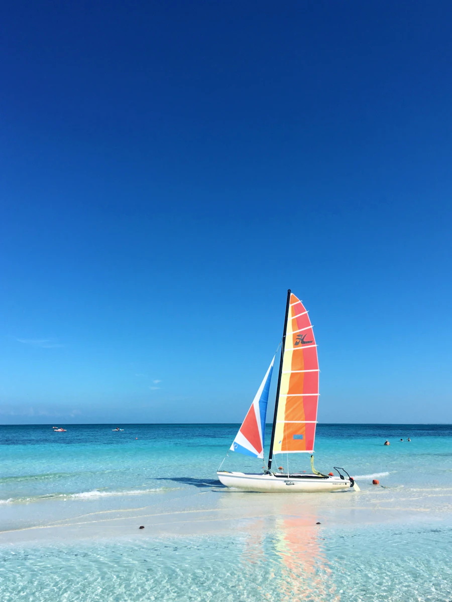 Sailboat resting on the white sand beach at Varadero, Cuba