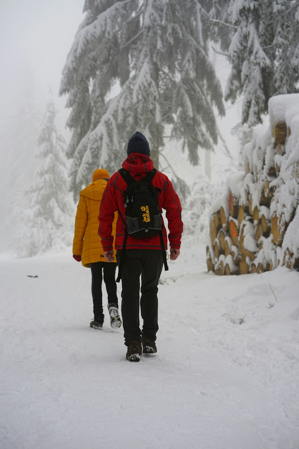 homem em jaqueta vermelha e preta em pé no chão coberto de neve durante o dia