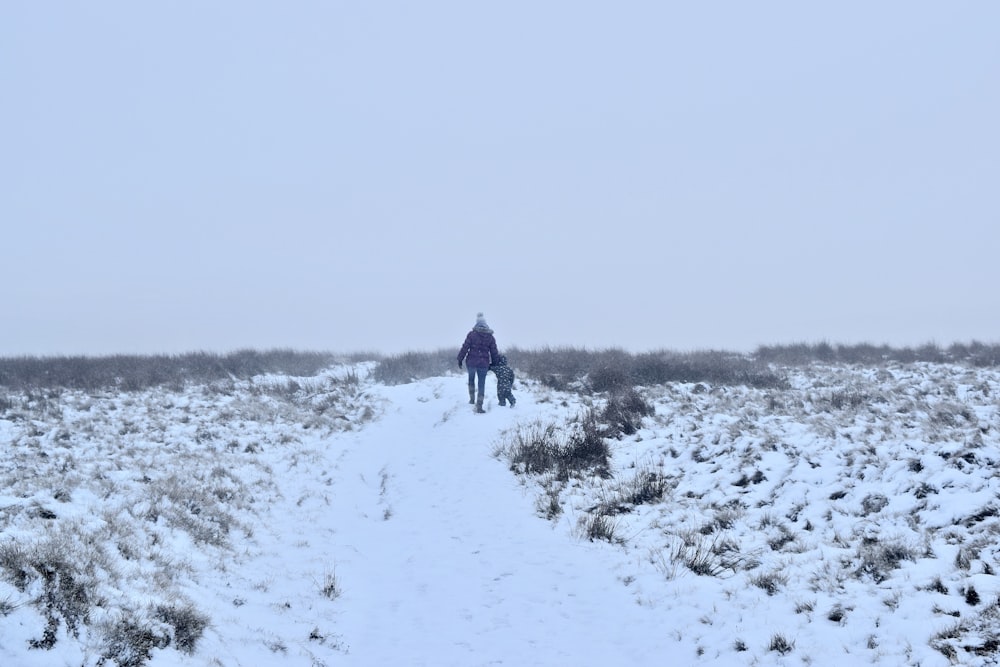 Persona con chaqueta negra caminando en el campo cubierto de nieve durante el día