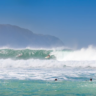 Several surfers are riding large, powerful waves in an expansive ocean setting. The sky is clear and blue, with distant mountains visible on the horizon. The water is a vibrant mix of green and blue, with white foam cresting on the waves.