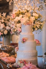 An exquisite wedding cake displayed elegantly at a reception.