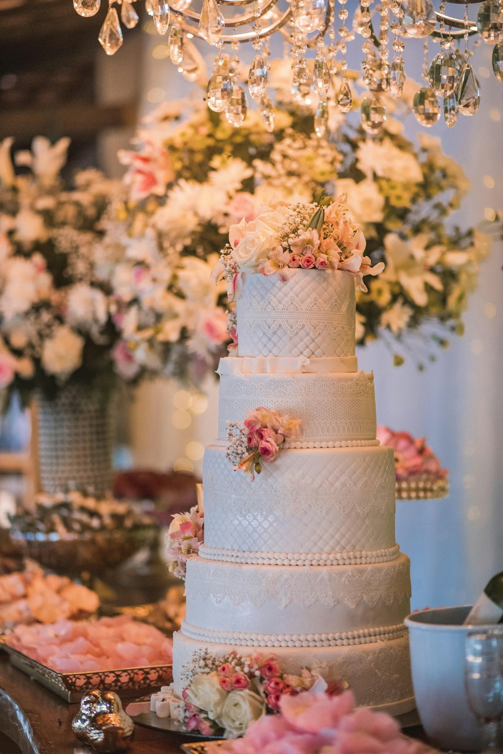 white and pink floral cake