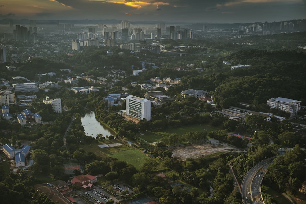 aerial view of city during sunset