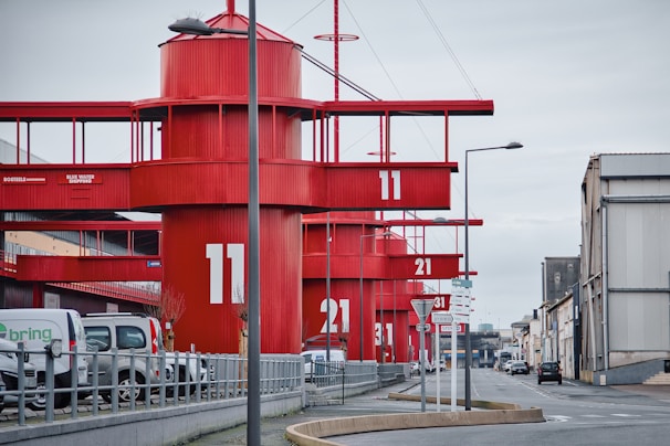 red and blue metal building