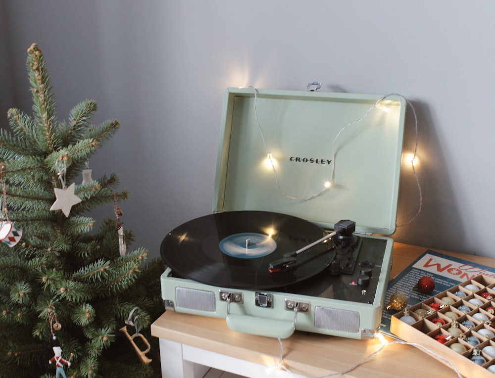 silver and black vinyl record player