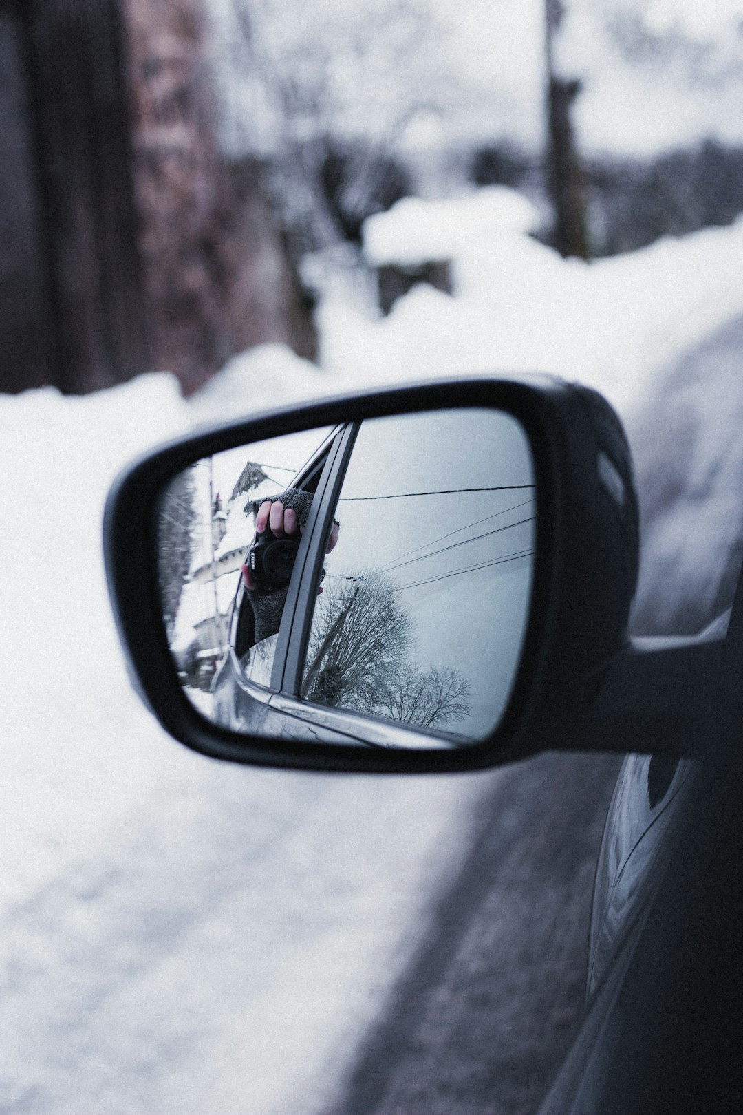 car side mirror with snow