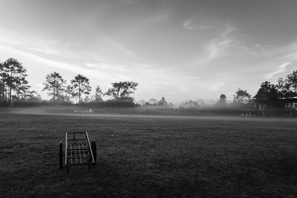 grayscale photo of a wooden chair on a grass field