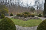 A well-maintained garden featuring circular trimmed hedges arranged on a raised stone planter. The garden is surrounded by a paved pathway bordered by symmetrical shrubs. In the background, a dense cluster of leafless trees creates a natural barrier. A green bench can be seen on the left side.