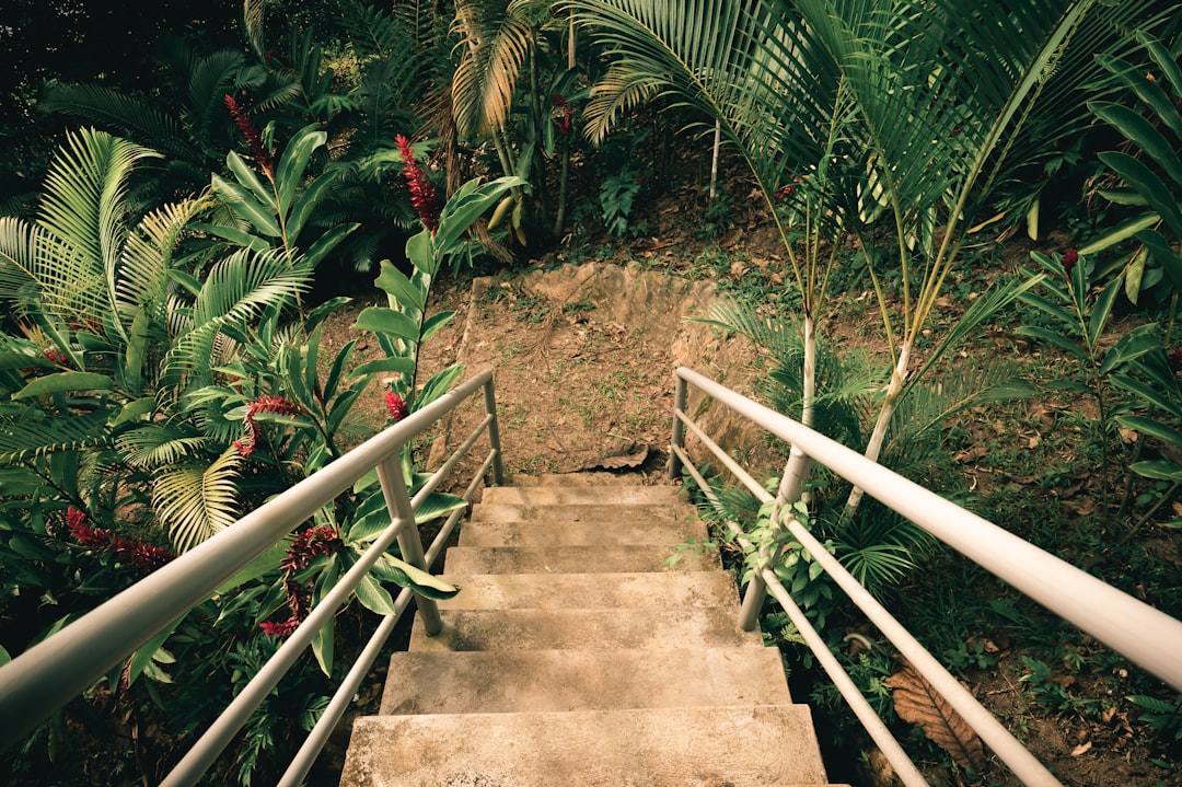 gray concrete staircase with gray metal railings