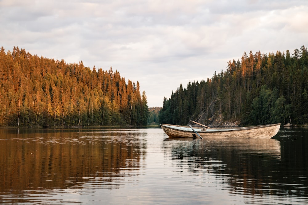 white boat on lake near green and brown trees under white clouds and blue sky during