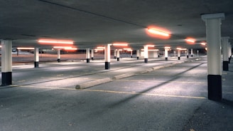 Underground parking garage with clean lines and efficient lighting.