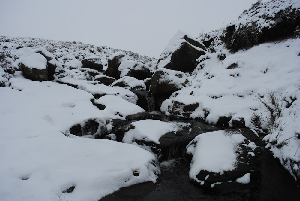 snow covered rocks on a sunny day