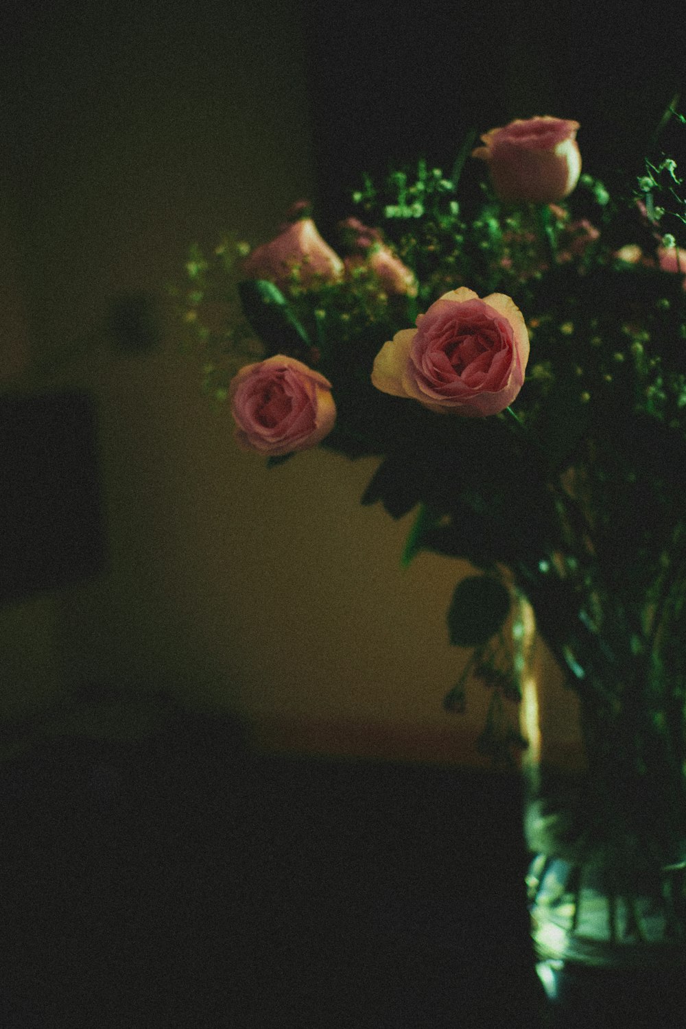 pink roses in clear glass vase