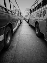 A black and white image of two parked buses with Bangla text on them, positioned on either side of a narrow street. The street is paved, and the buses are lined closely together, creating a symmetrical perspective. In the background, a few people are visible walking along the path.