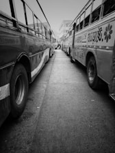 A black and white image of two parked buses with Bangla text on them, positioned on either side of a narrow street. The street is paved, and the buses are lined closely together, creating a symmetrical perspective. In the background, a few people are visible walking along the path.