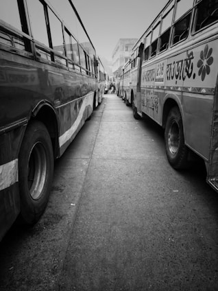 A black and white image of two parked buses with Bangla text on them, positioned on either side of a narrow street. The street is paved, and the buses are lined closely together, creating a symmetrical perspective. In the background, a few people are visible walking along the path.