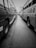 A black and white image of two parked buses with Bangla text on them, positioned on either side of a narrow street. The street is paved, and the buses are lined closely together, creating a symmetrical perspective. In the background, a few people are visible walking along the path.