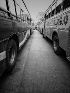 A black and white image of two parked buses with Bangla text on them, positioned on either side of a narrow street. The street is paved, and the buses are lined closely together, creating a symmetrical perspective. In the background, a few people are visible walking along the path.