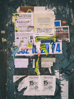 A cozy neighborhood bulletin board filled with colorful classifieds.