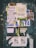 A weathered bulletin board covered with a variety of overlapping paper fliers and posters. The advertisements include rental listings, event notices, and service offers. The papers are in various stages of wear, with some crumpled and others torn. There is visible text in Spanish and a mix of graphics including logos and images. The background is a faded, chipped surface with graffiti around the edges.