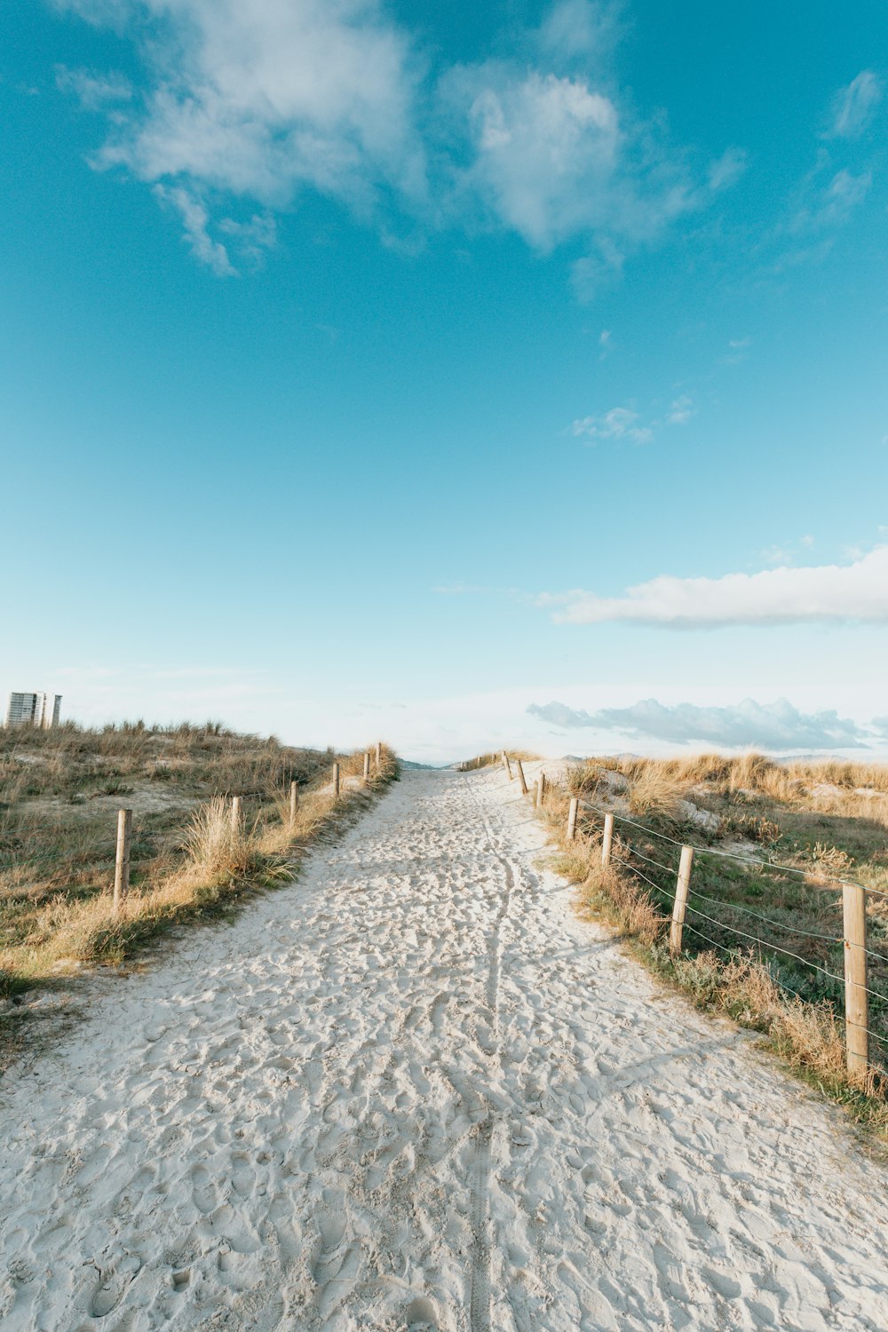 gray dirt road between brown grass field under blue sky during daytime