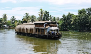 A traditional houseboat with a thatched roof is gently floating on a calm river surrounded by lush green palm trees. The boat features intricate wooden architecture and has a small covered deck at the front.