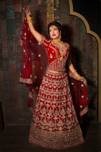 woman in red and white floral dress