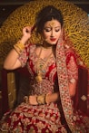 woman in red and gold sari dress