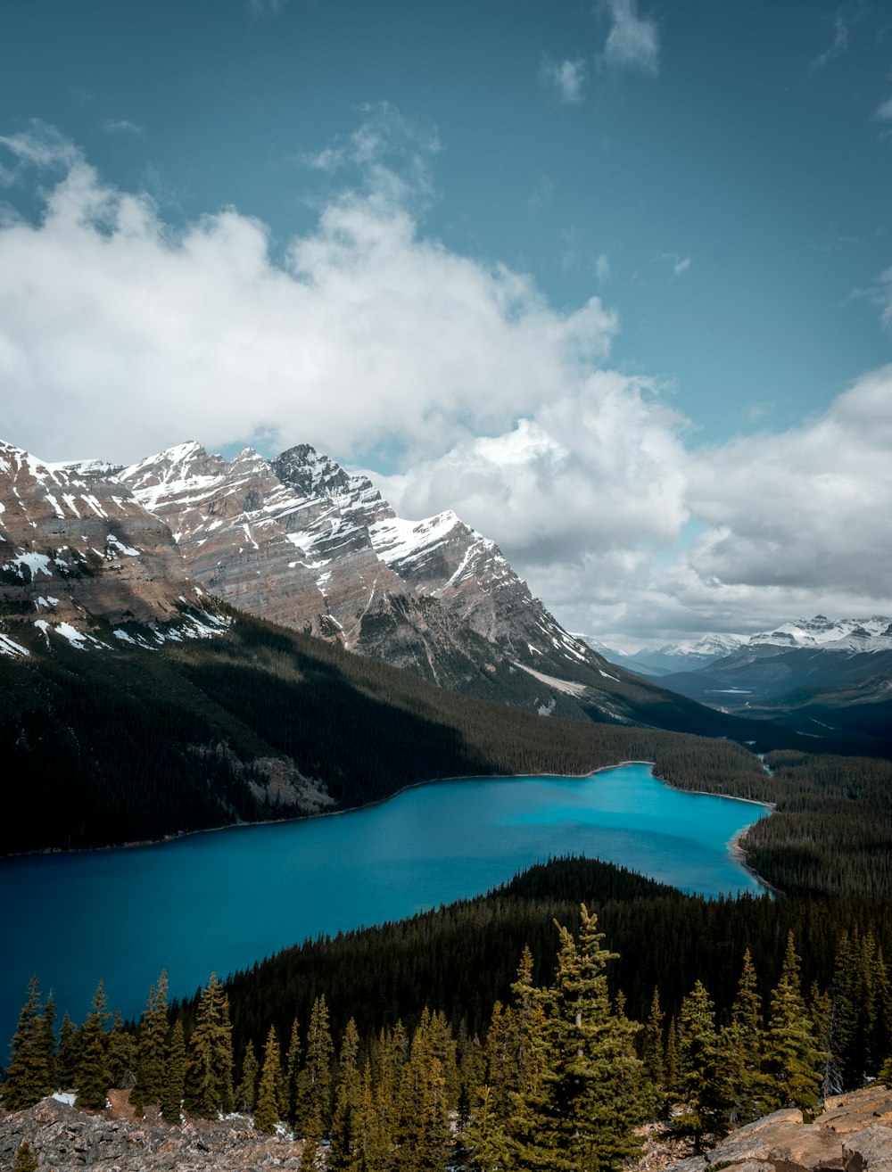 lake surrounded by green trees and mountains under blue sky and white clouds during daytime