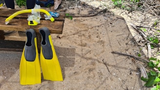 A vibrant display of snorkel masks and fins laid out on a wooden table by the beach.