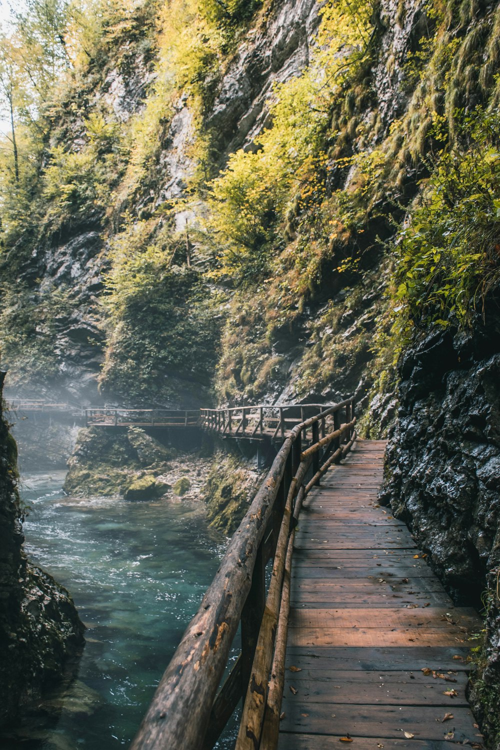 川に架かる茶色の木造橋