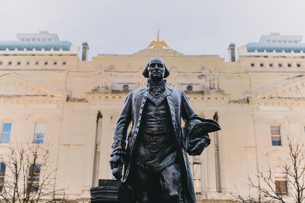 black statue of man in black coat