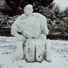 A large snow sculpture resembling a human figure with distinct facial and body features stands in a snowy landscape. Surrounding the sculpture are snow-covered trees and branches, adding depth to the winter scene.