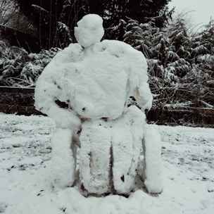 A large snow sculpture resembling a human figure with distinct facial and body features stands in a snowy landscape. Surrounding the sculpture are snow-covered trees and branches, adding depth to the winter scene.