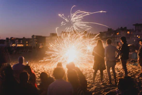 people watching fireworks display during night time