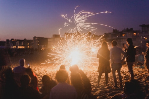 people watching fireworks display during night time