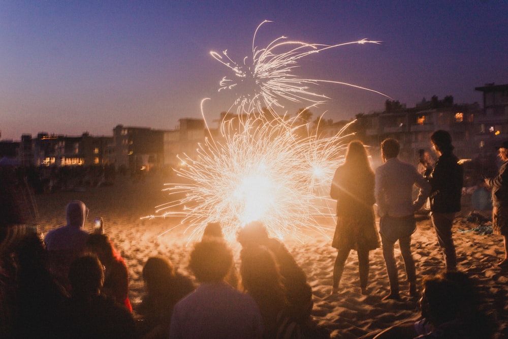 people watching fireworks display during night time