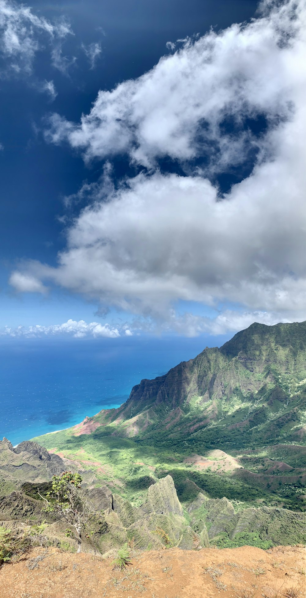 昼間の青空と白い雲の下に緑と茶色の山