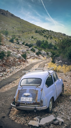blue volkswagen t-2 on dirt road during daytime