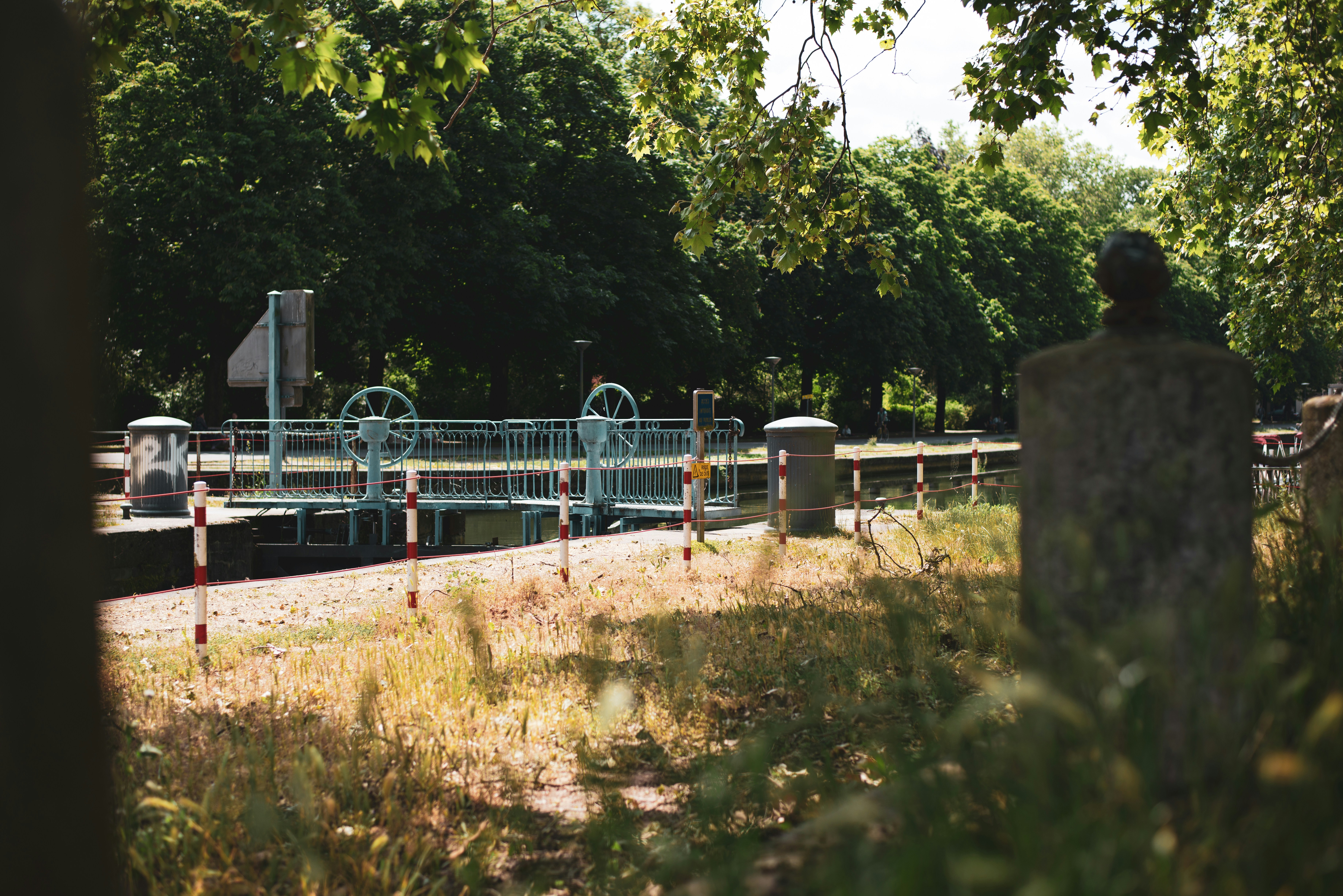 blue metal fence near green trees during daytime