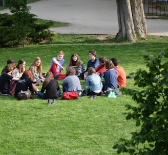 group of people sitting on green grass field during daytime