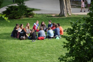 A group of people sitting in a circle on a grassy area in a park, engaging in conversation. Trees and a path are visible in the background, and the sunlight casts soft shadows on the group.