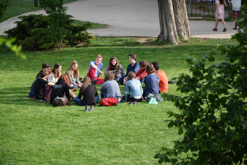 昼間、緑の芝生に座る人々のグループ