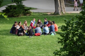 A group of people sitting in a circle on a grassy area in a park, engaging in conversation. Trees and a path are visible in the background, and the sunlight casts soft shadows on the group.